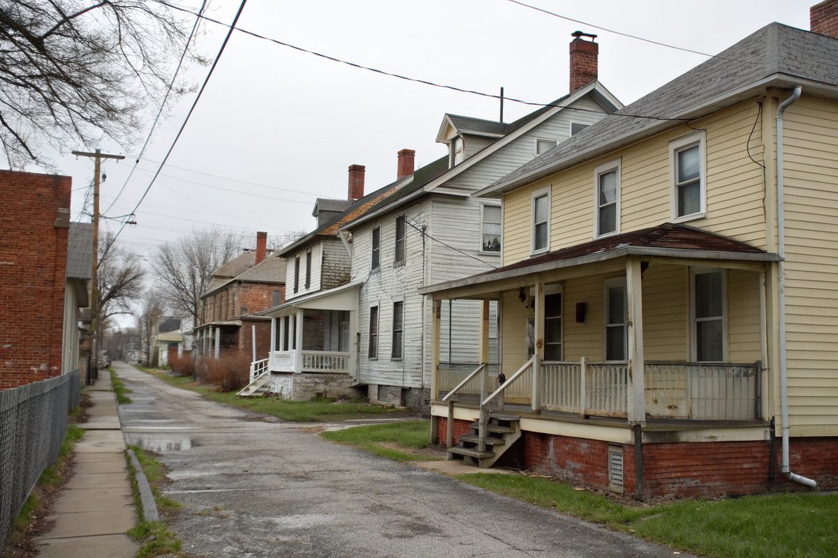 Older two-story frame houses with porches and chimneys along a narrow side street