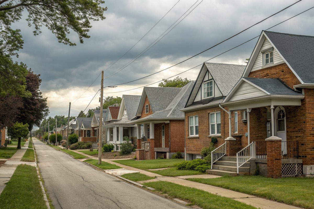 A street of brick bungalows with front gables, small porches and gray shingle roofs
