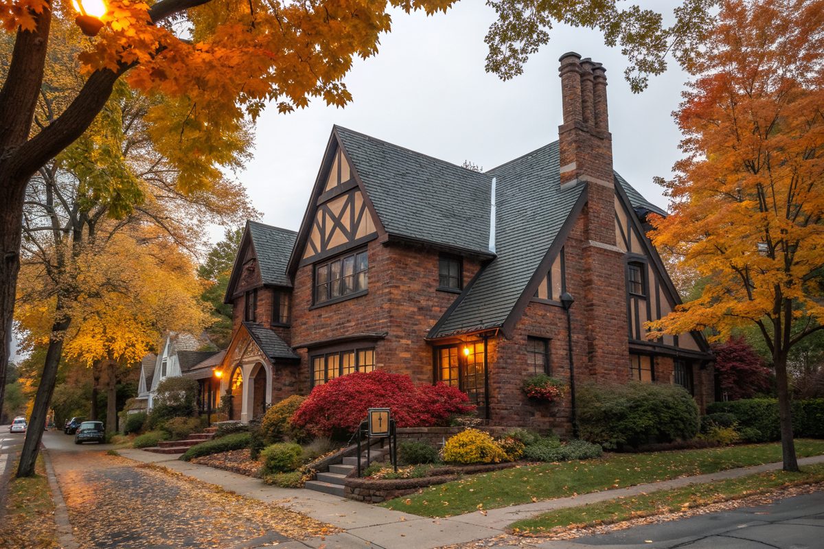 A brick Tudor-style house with steep gables and a tall chimney on an autumn street