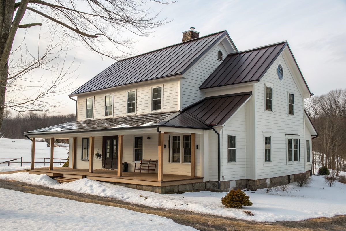 A white two-story farmhouse-style home with a dark standing-seam metal roof and porch roof, with snow on the lawn