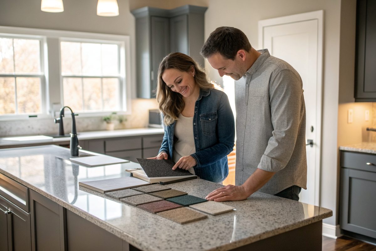 A couple at a kitchen island looking over shingle color samples