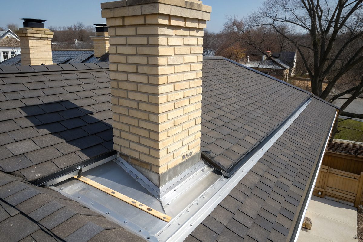 New metal flashing around the base of a cream-colored brick chimney on a dark shingle roof