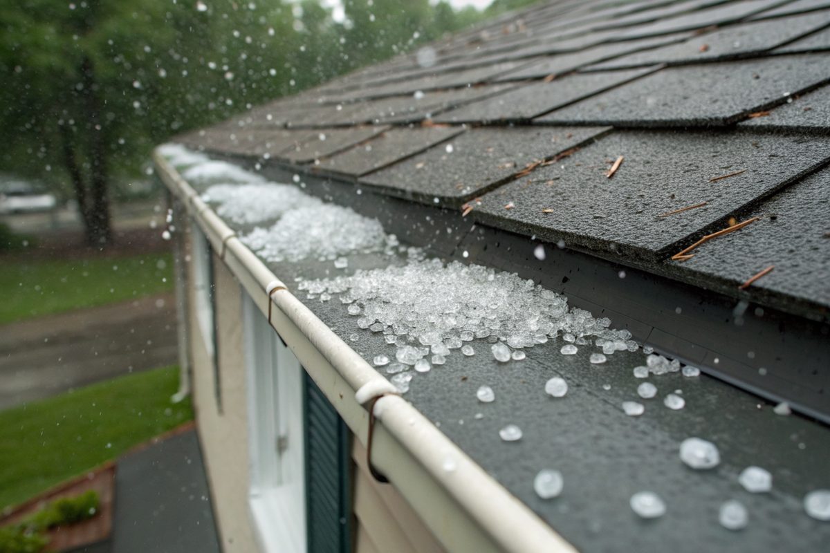 Small hailstones scattered on a dark shingle roof and gutter during a summer storm