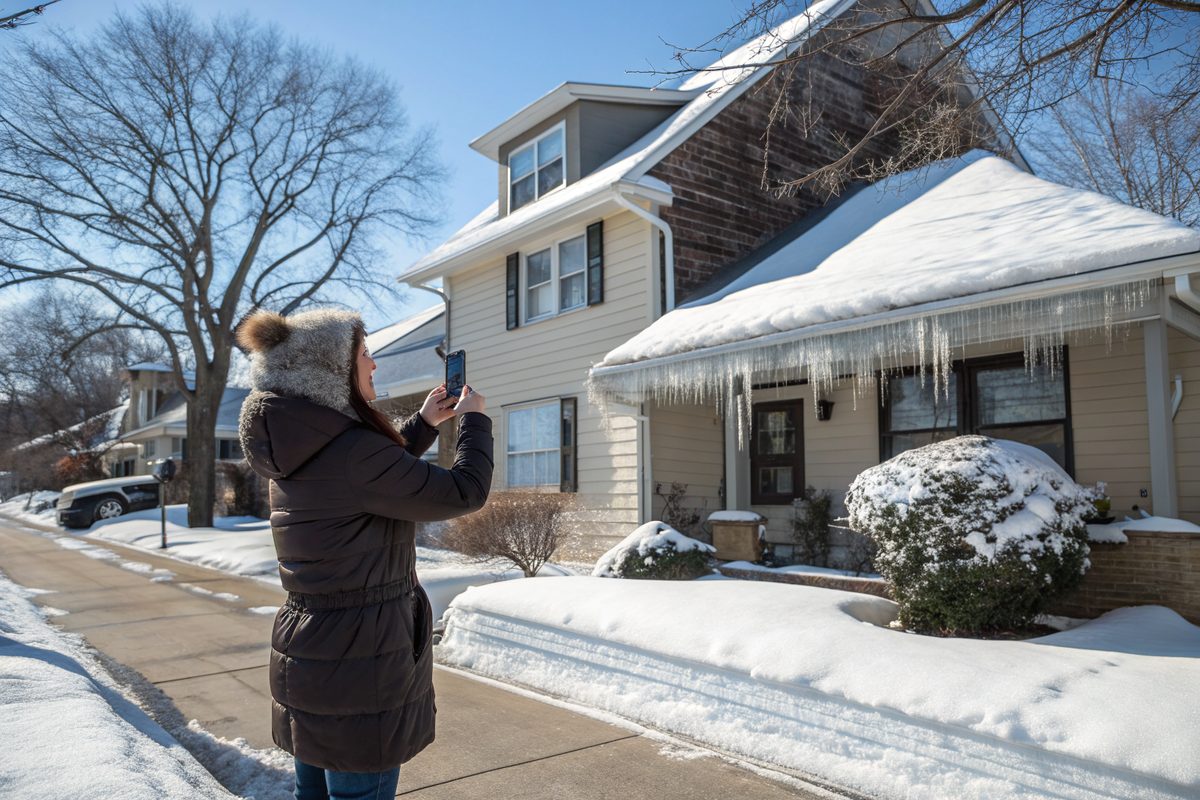 A homeowner in a winter coat photographing a snowy roof with icicles from the sidewalk