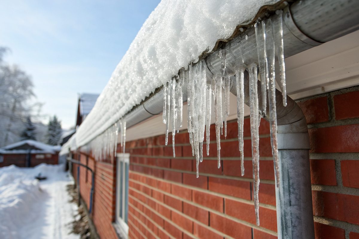 Snow, ice and long icicles hanging from the gutter of a red brick house