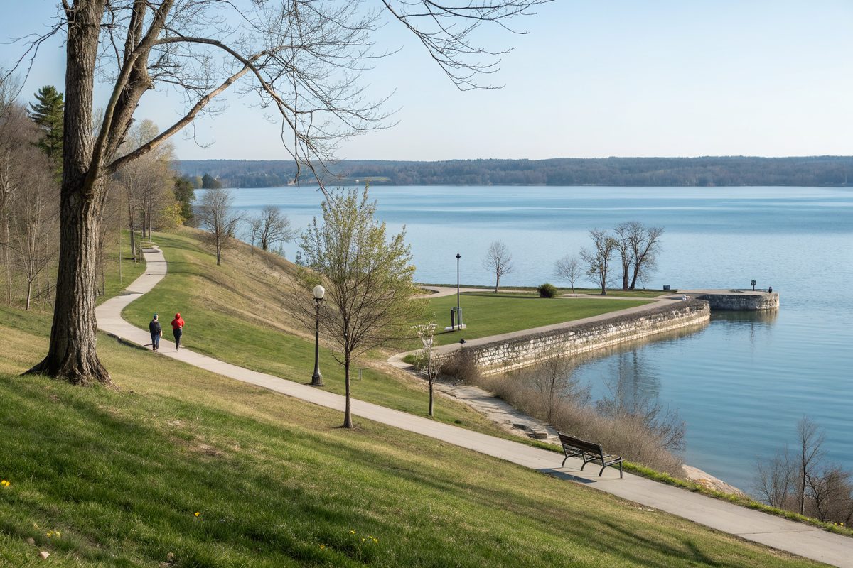A lakefront park path on a grassy bluff above a calm lake and a stone breakwater