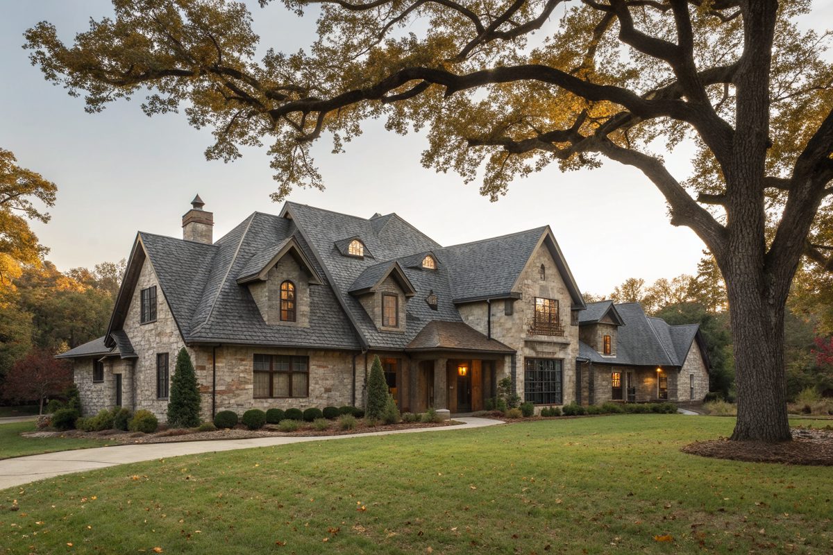 A large stone home with many hips, gables and dormers under a dark shingle roof and big oak trees