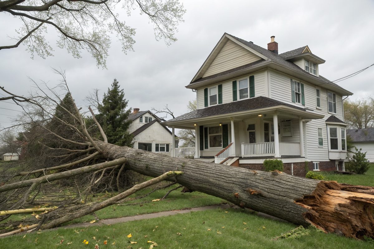 A large uprooted tree lying across the yard beside a two-story frame house after a windstorm