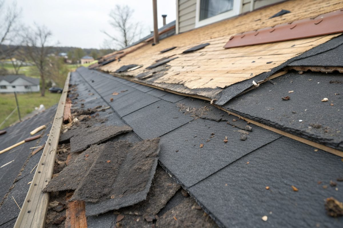 Torn and missing shingles exposing the boards along a roof edge after high wind