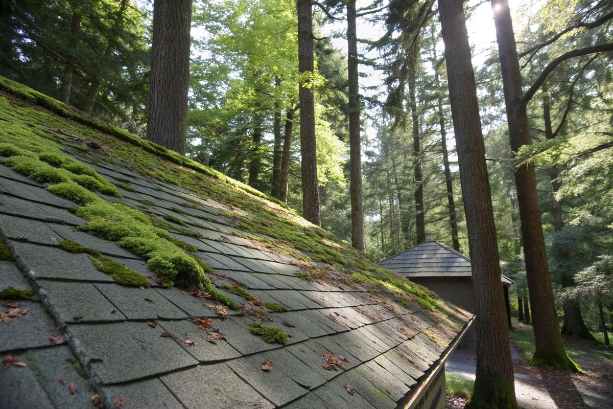 Green moss growing on an older shingle roof shaded by tall trees