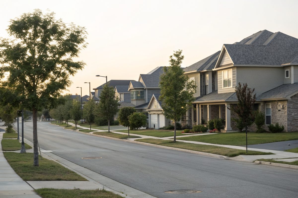 A newer subdivision street of two-story homes with gray shingle roofs and young trees
