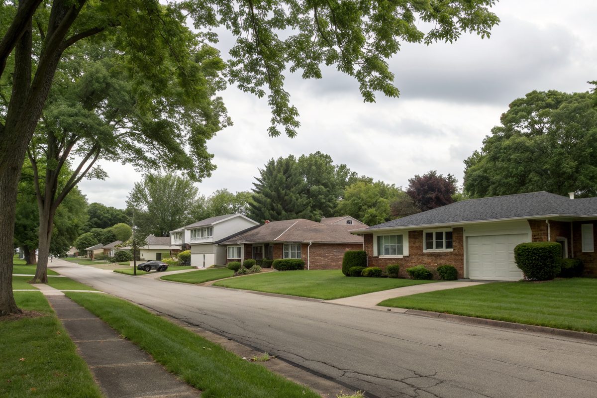 A quiet street of brick ranch houses with low shingle roofs and attached garages