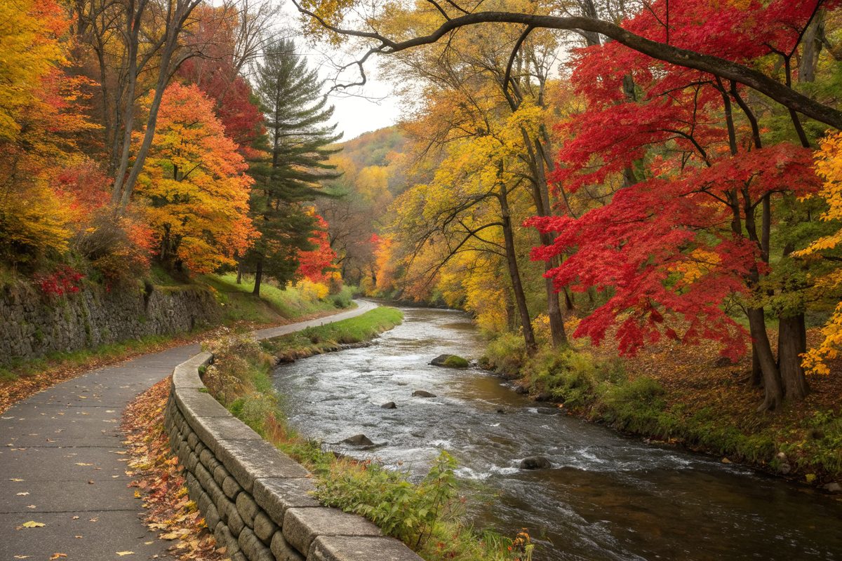 A shallow river running through a wooded parkway in autumn color beside a footpath and stone wall