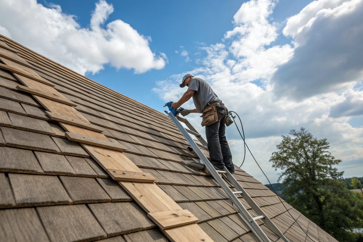 A roofer on a ladder laying new wood-look shingles on a steep roof under a blue sky