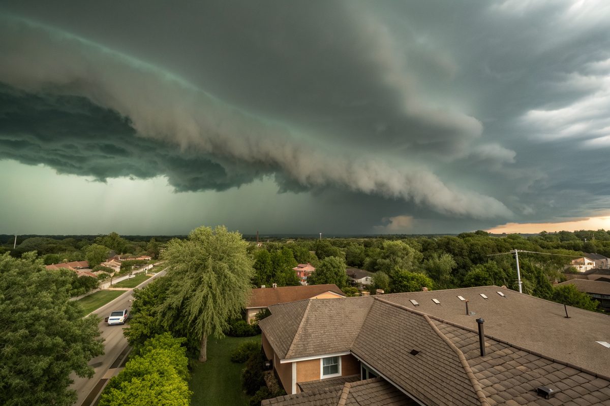 A dark shelf cloud rolling over a neighborhood of rooftops and trees